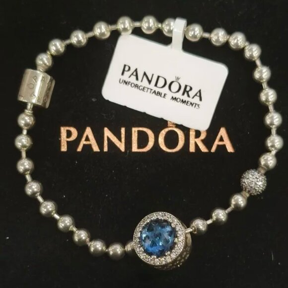 Pandora Beaded Silver Bracelet with Blue Sparkling Charm - Picture 1 of 5
